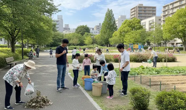 地域の公園で、子どもたちと大人が一緒に活動している様子